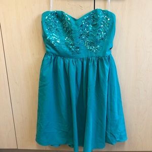 Beaded Strapless Turquoise Dress